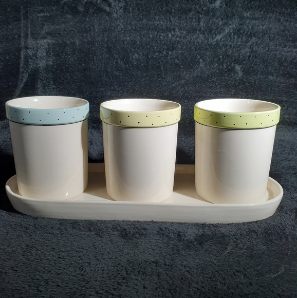 Rae Dunn 4 pc Set - Knife Spoon Fork Canisters on Platter - Picture 2 of 4